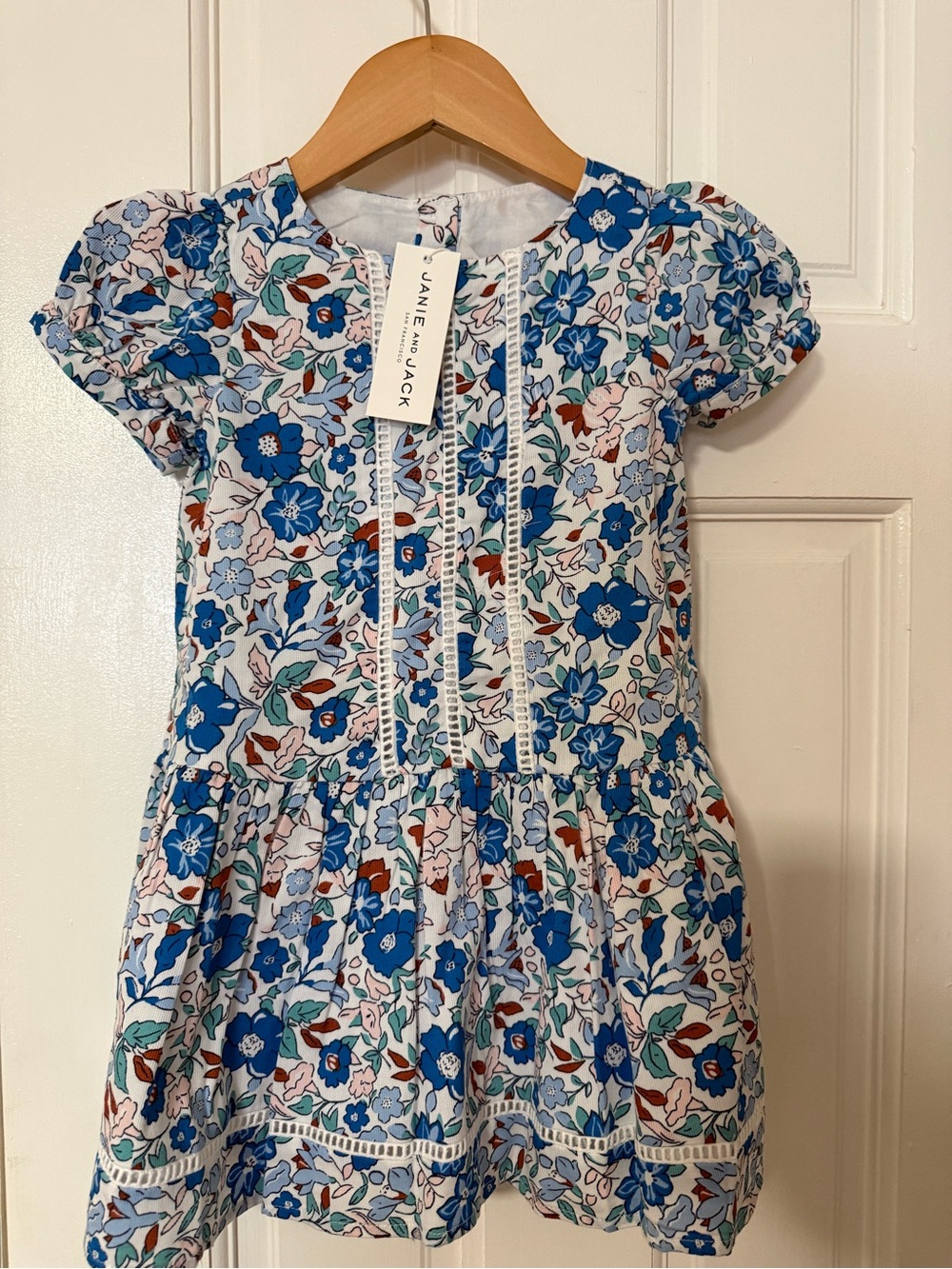 Janie and Jack White and Blue Floral Cotton Dress with Lace Trim